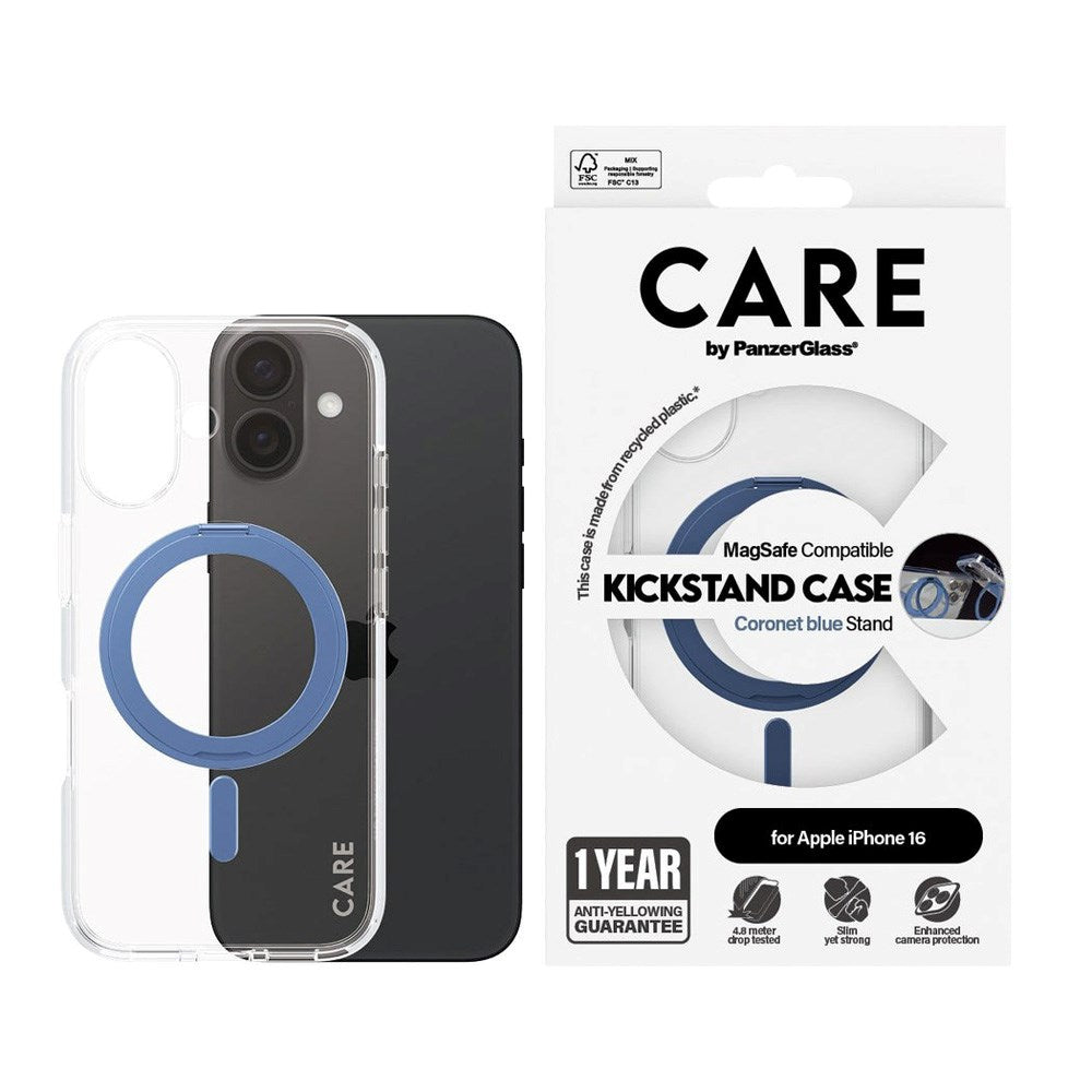 CARE by PanzerGlass iPhone 16 Feature Kickstand Cover - MagSafe Kompatibel - Transparent / Coronet Blue