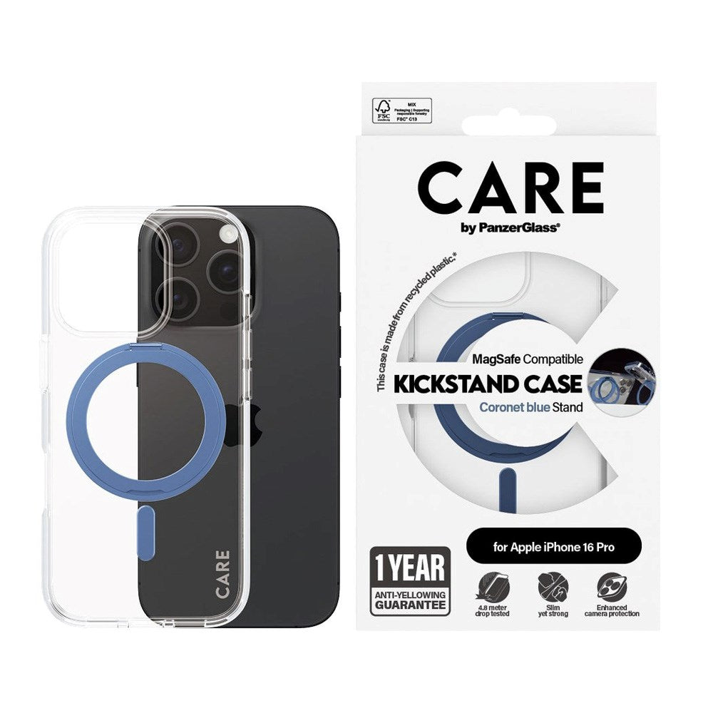 CARE by PanzerGlass iPhone 16 Pro Feature Kickstand Cover - MagSafe Kompatibel - Transparent / Coronet Blue
