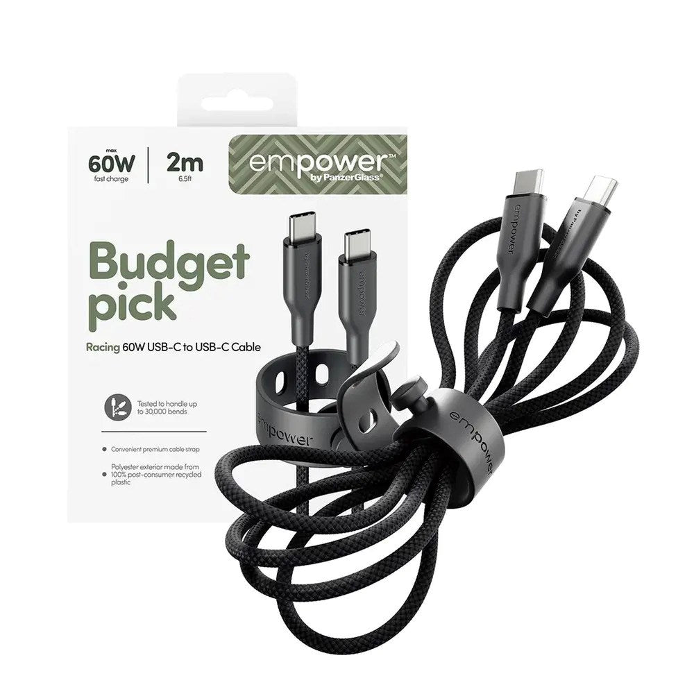 empower by PanzerGlass Racing 2m / 60W USB-C til USB-C Kabel - Space Black
