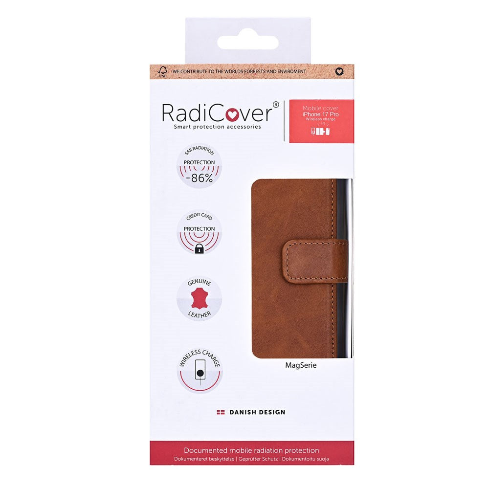 iPhone 17 Pro RadiCover Exclusive 2-in-1 Anti Stråling Læder Flip Case m. Kortholder - MagSafe Kompatibel - Brun