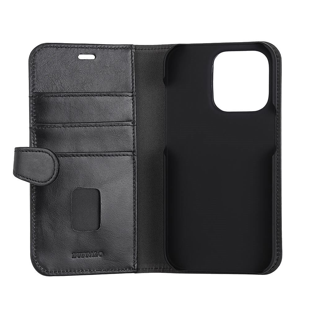iPhone 14 Pro Buffalo Wallet Ægte Læder Magnet Flip Cover m. Pung - Sort