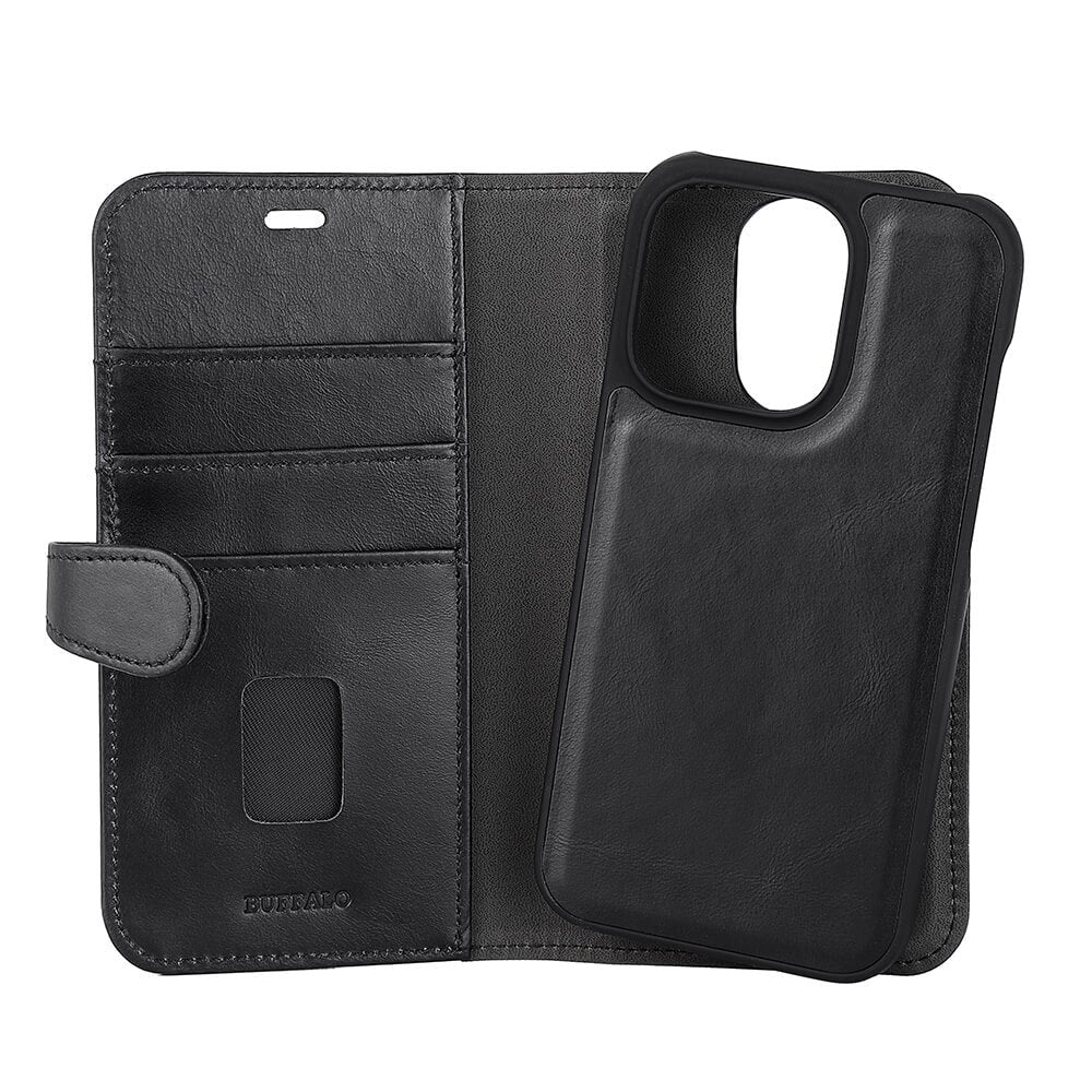 iPhone 14 Pro Buffalo Wallet Ægte Læder Magnet Flip Cover m. Pung - Sort