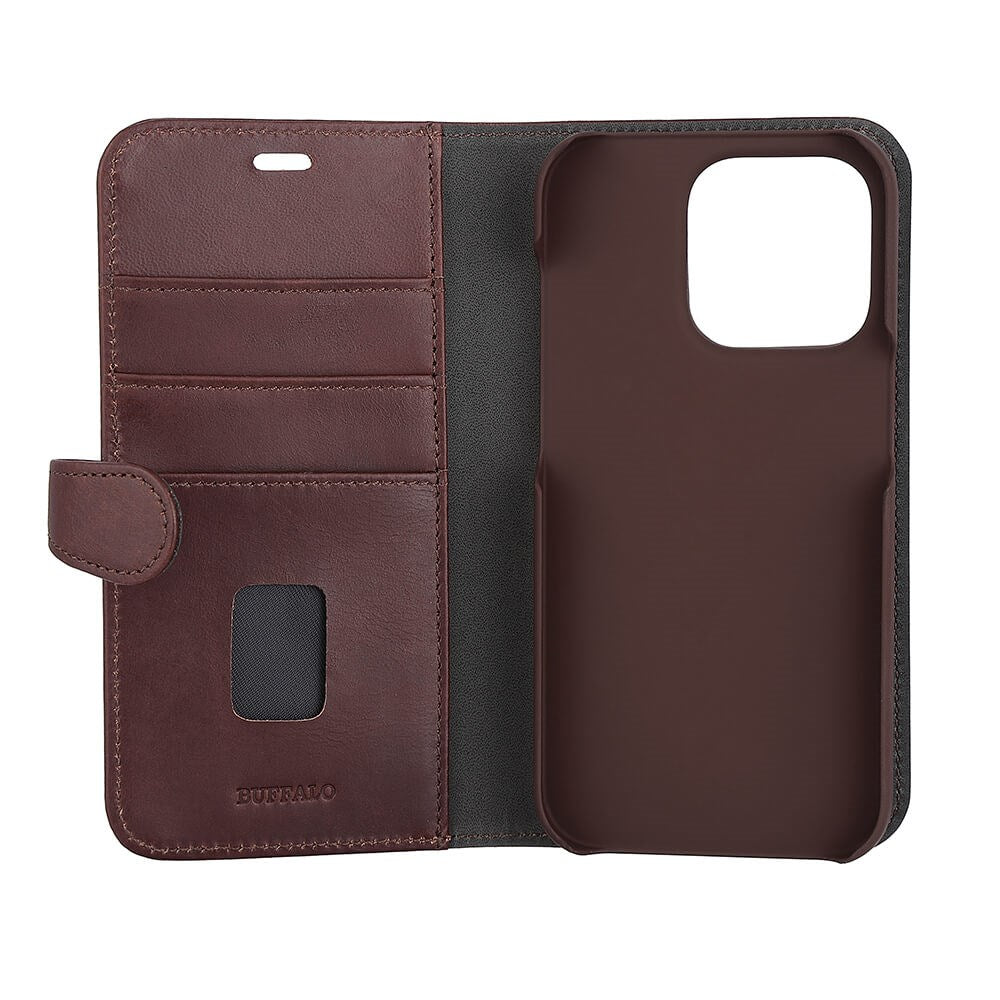 iPhone 14 Pro Buffalo Wallet Ægte Læder Magnet Flip Cover m. Pung - Brun