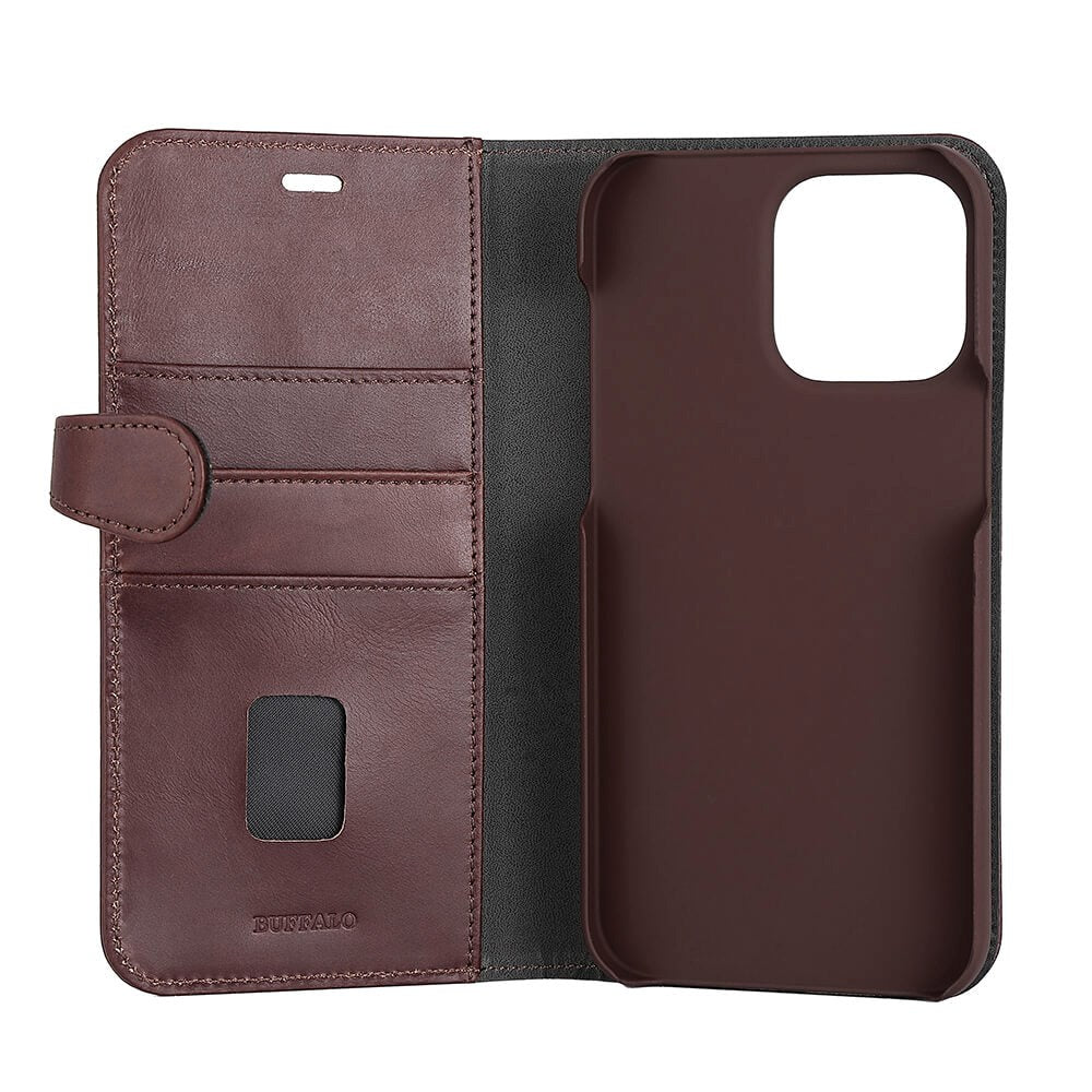 iPhone 14 Pro Max Buffalo Wallet Ægte Læder Magnet Flip Cover m. Pung - Brun
