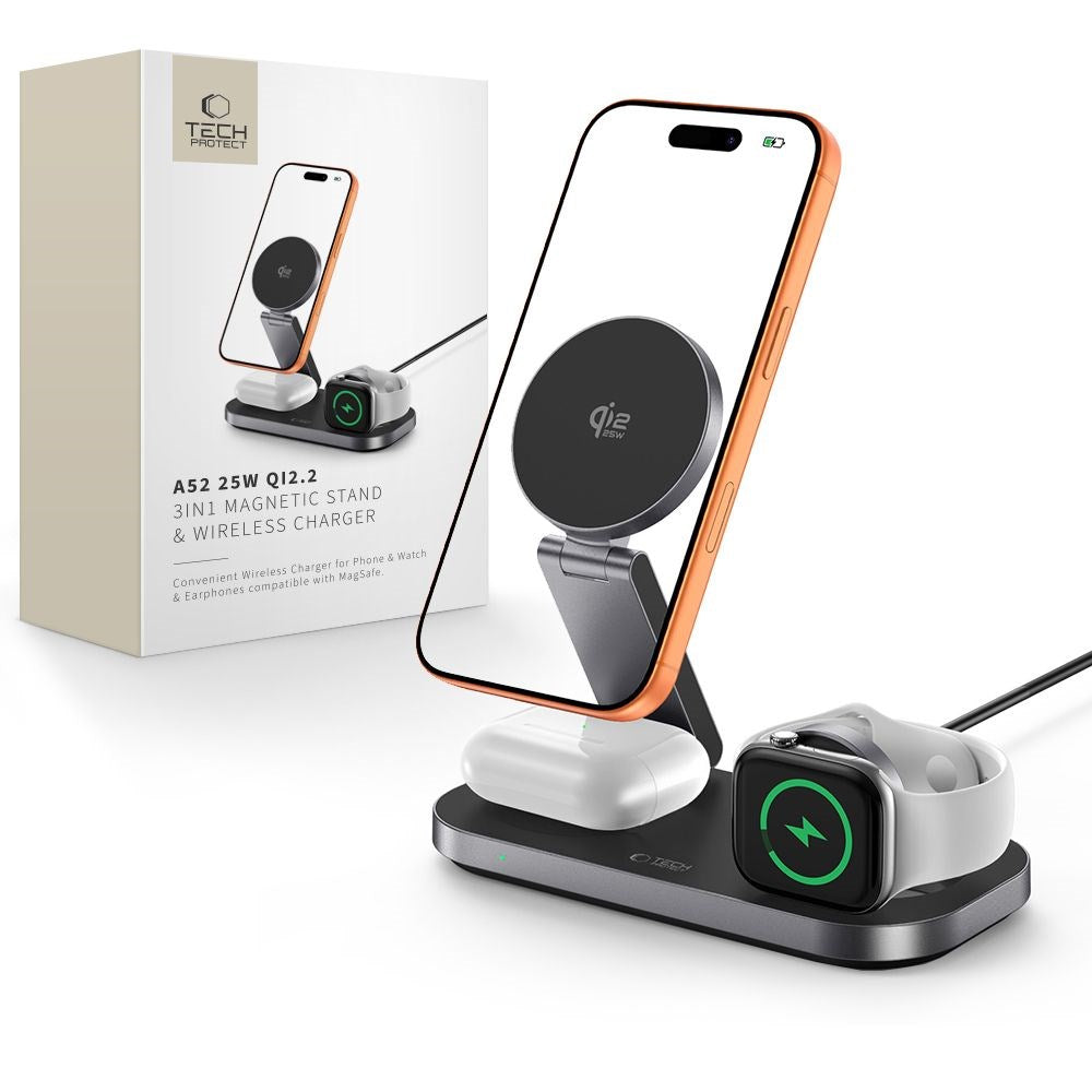 Tech-Protect A52 3-in-1 25W Trådløs Oplader: Smartphone & Smartwatch & Høretelefoner - MagSafe / Qi2 Kompatibel - Mørkegrå