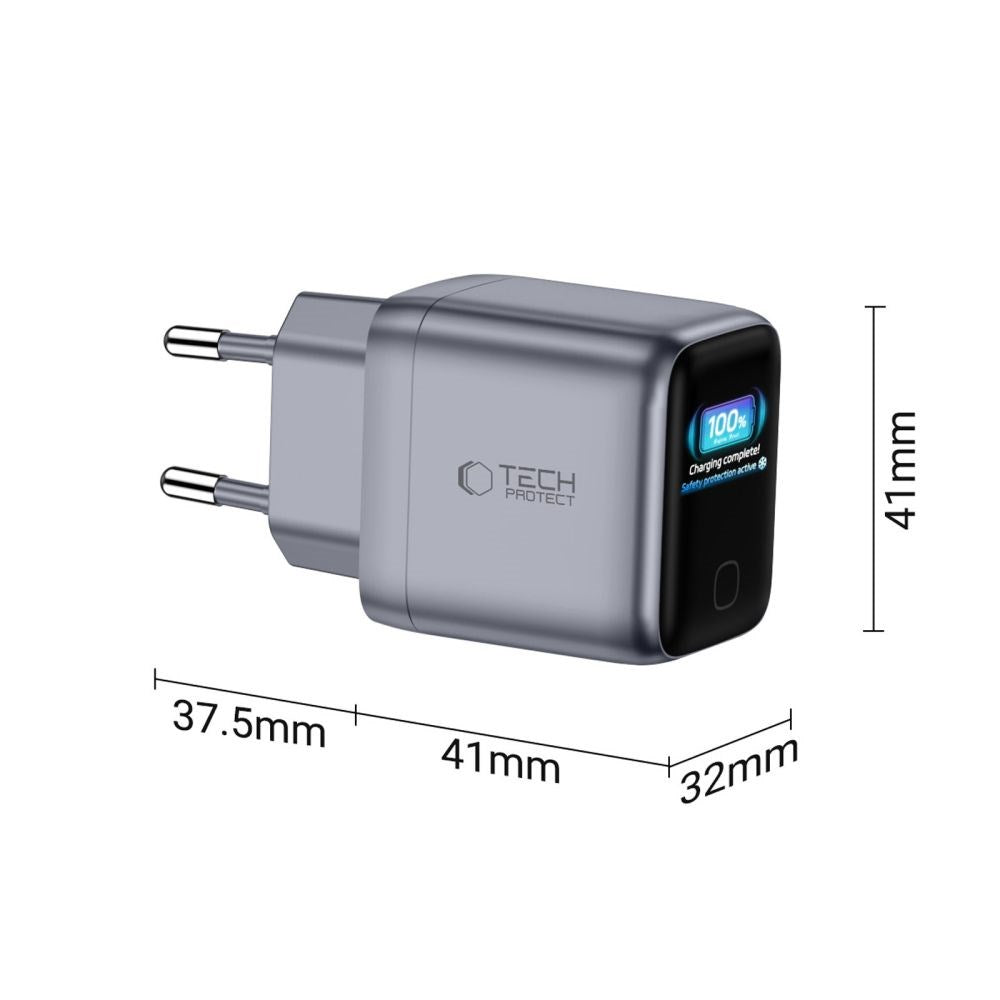Tech-Protect Hurtig Vægoplader 45W m. USB-C PowerVision NC45W-GaN - Grå