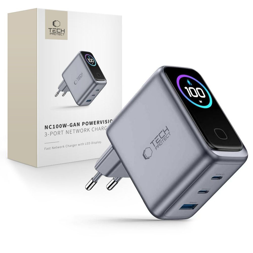 Tech-Protect 3-i-1 Hurtig Vægoplader 100W m. 1x USB-A og 2x USB-C PowerVision NC100W-GaN - Grå
