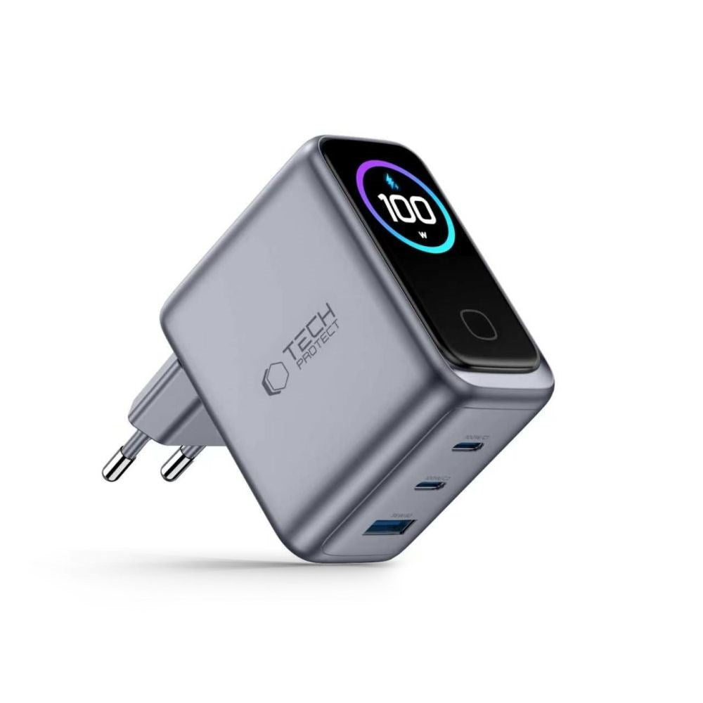 Tech-Protect 3-i-1 Hurtig Vægoplader 100W m. 1x USB-A og 2x USB-C PowerVision NC100W-GaN - Grå