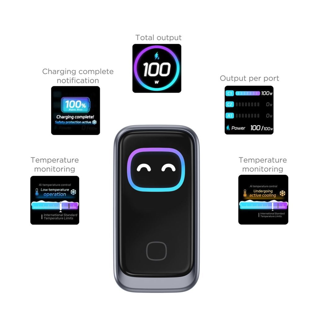Tech-Protect 3-i-1 Hurtig Vægoplader 100W m. 1x USB-A og 2x USB-C PowerVision NC100W-GaN - Grå