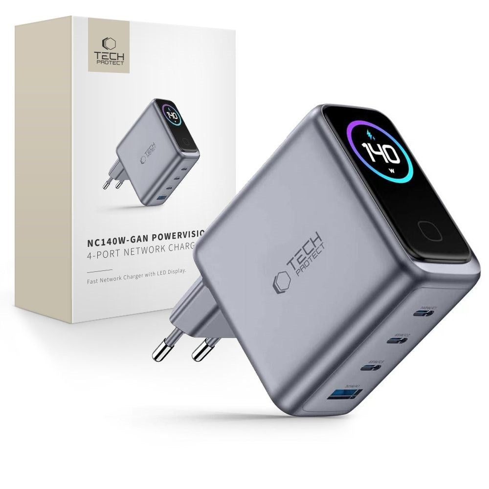 Tech-Protect 4-i-1 Hurtig Vægoplader 140W m. 1x USB-A og 3x USB-C PowerVision NC140W-GaN - Grå