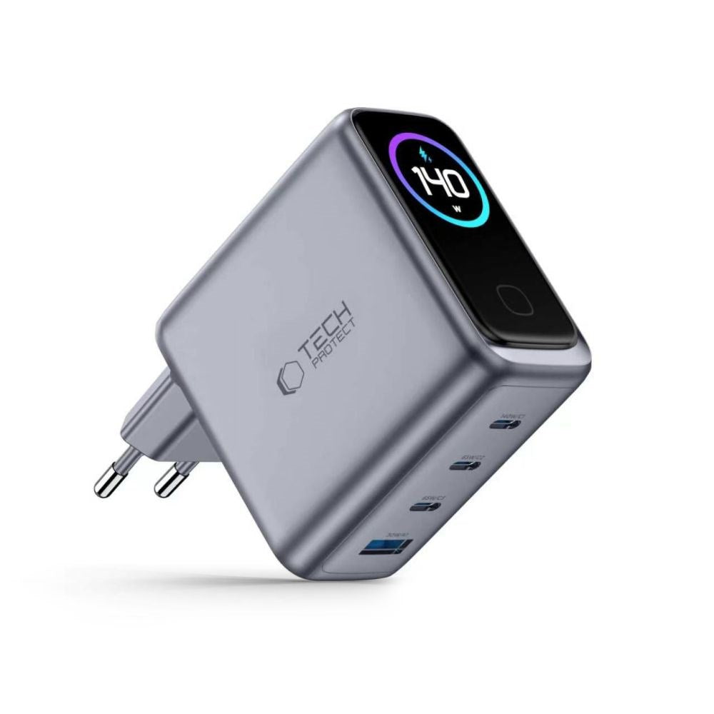 Tech-Protect 4-i-1 Hurtig Vægoplader 140W m. 1x USB-A og 3x USB-C PowerVision NC140W-GaN - Grå