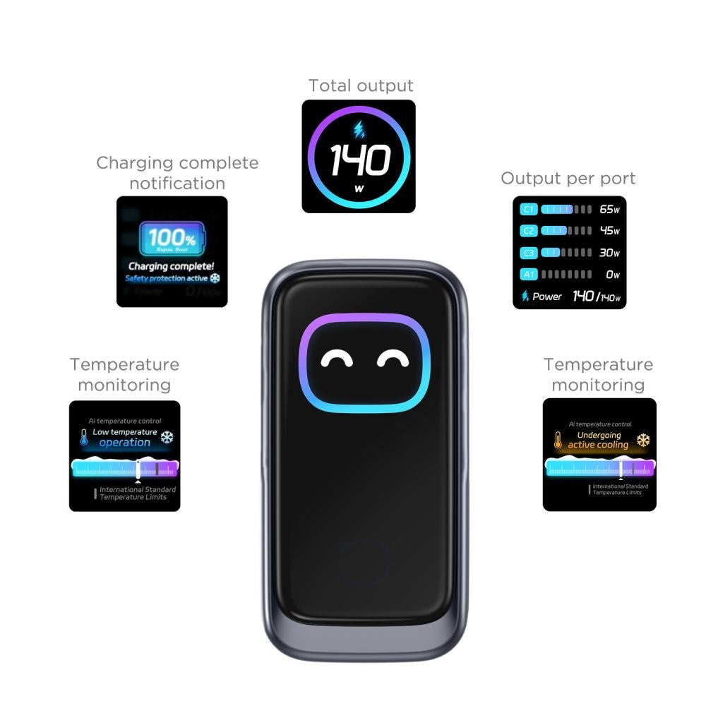Tech-Protect 4-i-1 Hurtig Vægoplader 140W m. 1x USB-A og 3x USB-C PowerVision NC140W-GaN - Grå