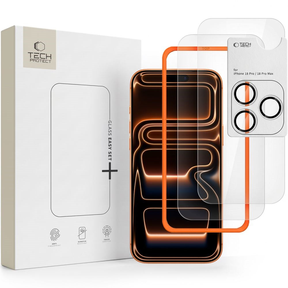Tech-Protect iPhone 18 Pro Max Easy Set+ 3-i-1 Beskyttelsessæt inkl. Hærdet Skærmbeskyttelsesglas & Kameralinsebeskyttelse - Gennemsigtig