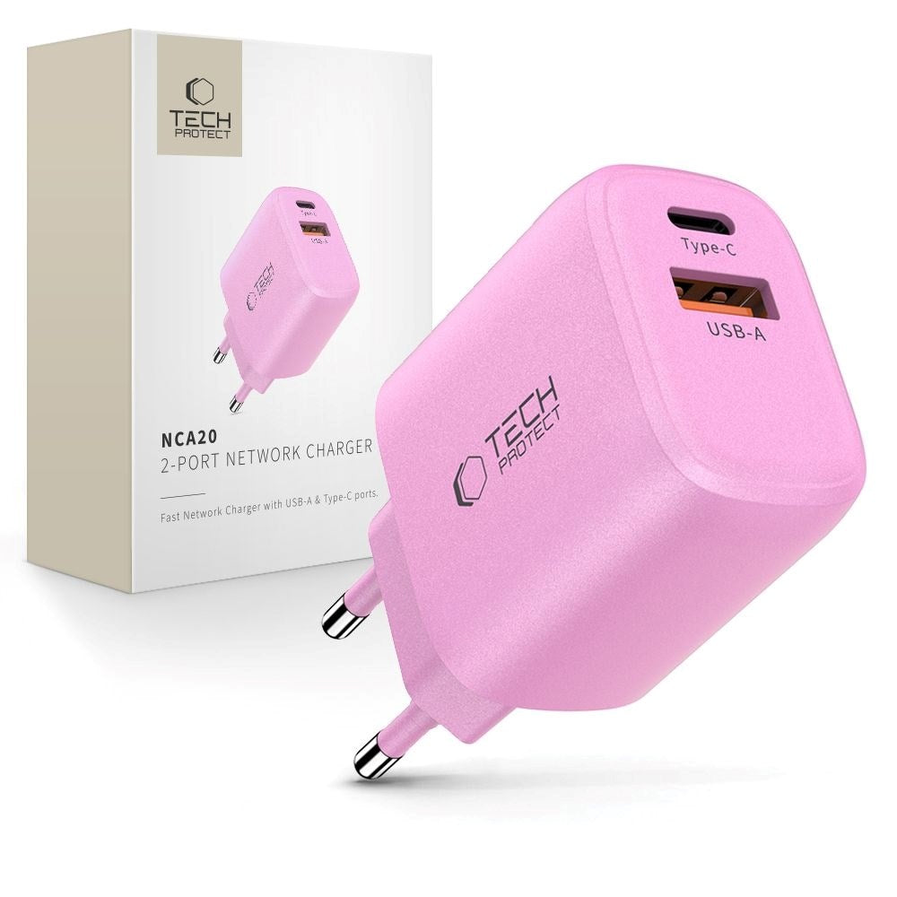 Tech-Protect Vægoplader m. 20W - 1 x USB-A (QC) & 1 x USB-C (PD) - Lyserød