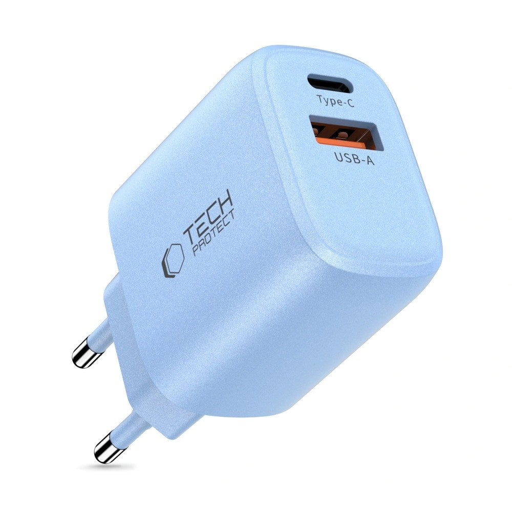 Tech-Protect Vægoplader m. 20W - 1 x USB-A (QC) & 1 x USB-C (PD) - Blå