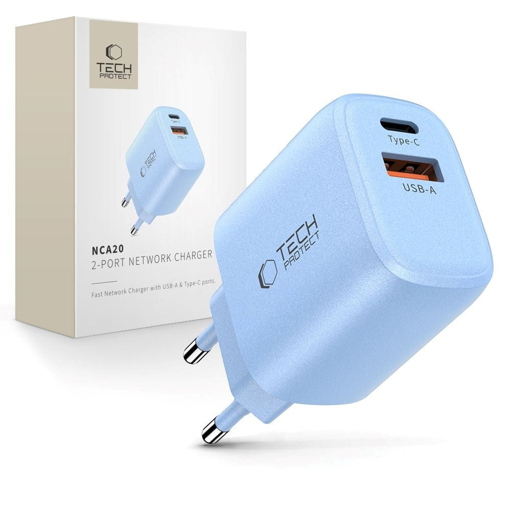 Tech-Protect Vægoplader m. 20W - 1 x USB-A (QC) & 1 x USB-C (PD) - Blå