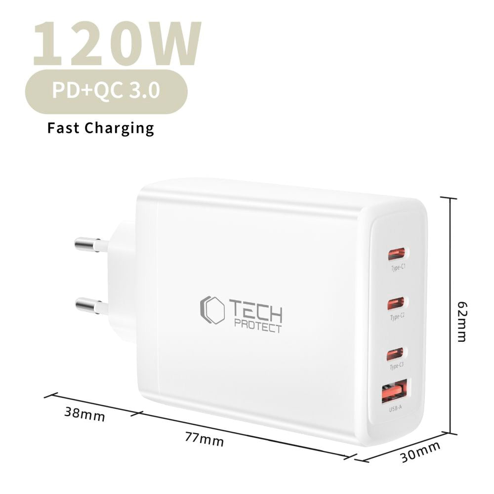 Tech-Protect Vægoplader m. 1 x USB-A & 3 x USB-C - 120W - Hvid