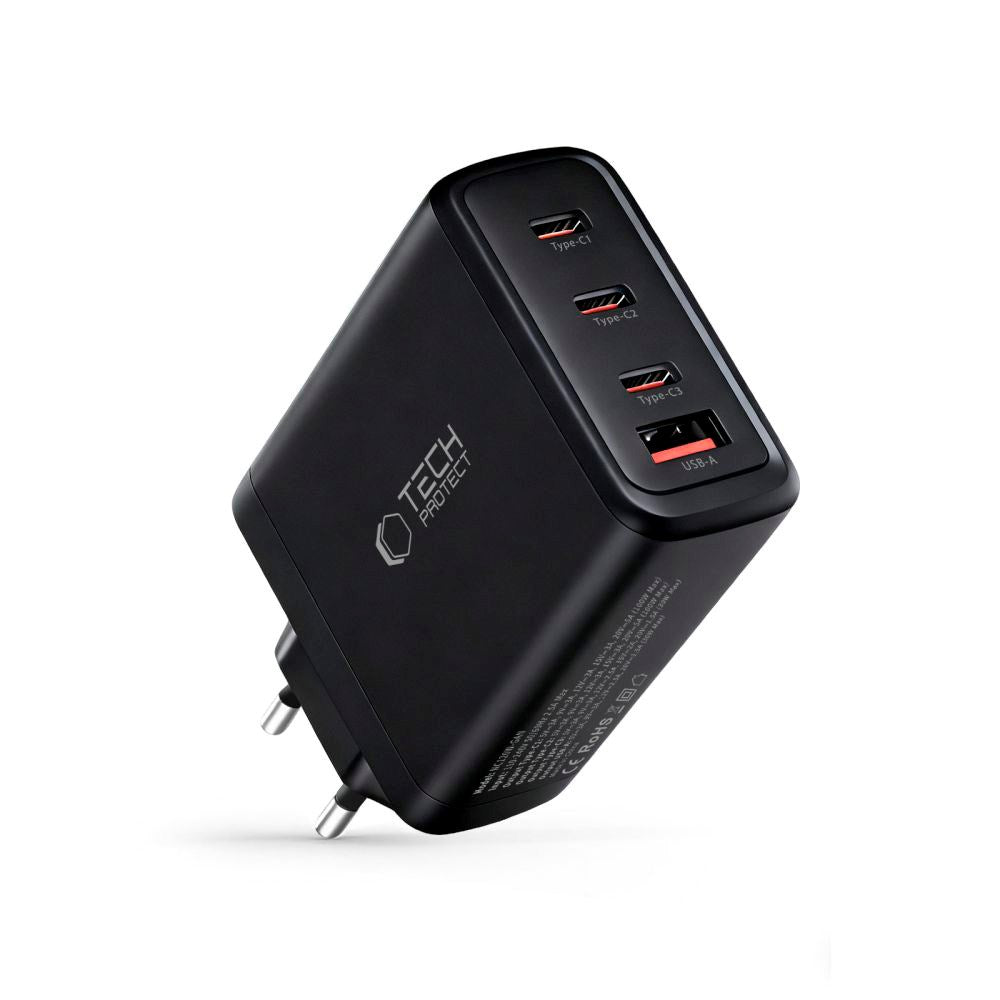 Tech-Protect Vægoplader m. 1 x USB-A & 3 x USB-C - 120W - Sort