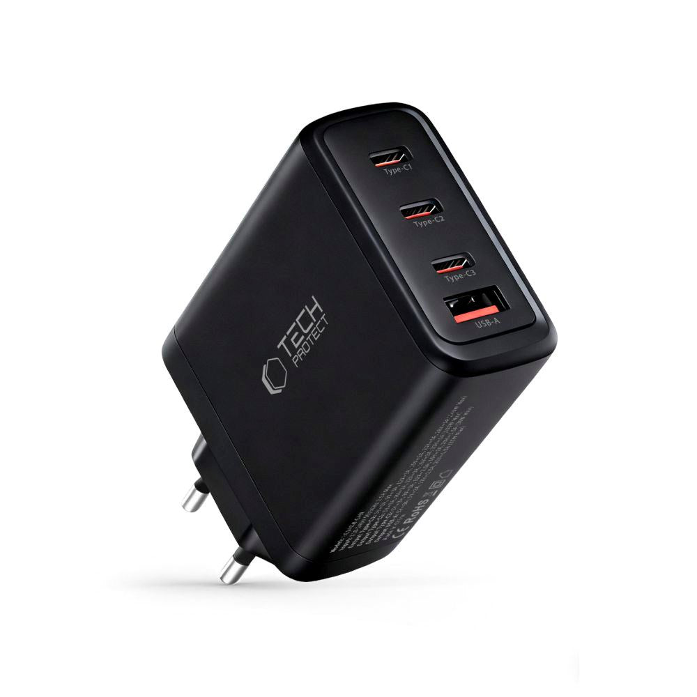 Tech-Protect Vægoplader m. 1 x USB-A & 3 x USB-C - 140W - Sort