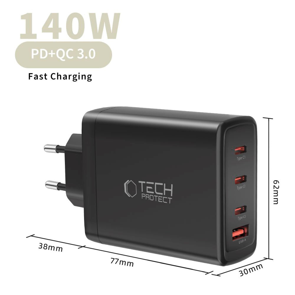 Tech-Protect Vægoplader m. 1 x USB-A & 3 x USB-C - 140W - Sort