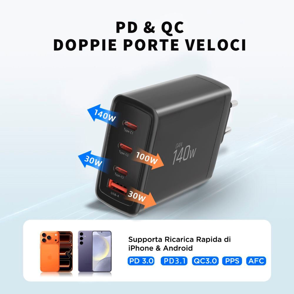 Tech-Protect Vægoplader m. 1 x USB-A & 3 x USB-C - 140W - Sort