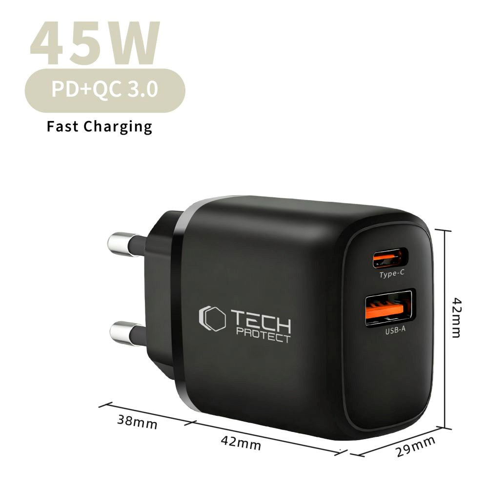 Tech-Protect Vægoplader - 1 x USB-C & 1 x USB-A - 45W - Sort