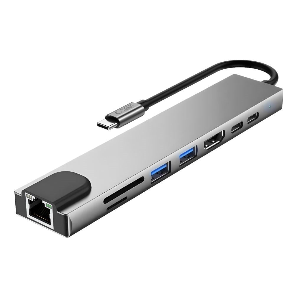 Tech-Protect 8-i-1 USB-C Multiport Adapter med 1 X SD/TF Kortlæser 2 X USB-A 1 X HDMI 2 X USB-C 1 X RJ45 - Grå