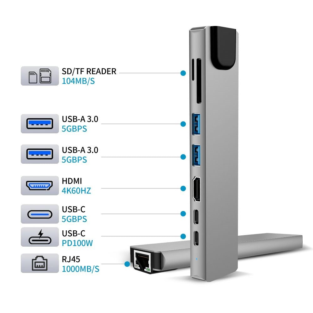 Tech-Protect 8-i-1 USB-C Multiport Adapter med 1 X SD/TF Kortlæser 2 X USB-A 1 X HDMI 2 X USB-C 1 X RJ45 - Grå