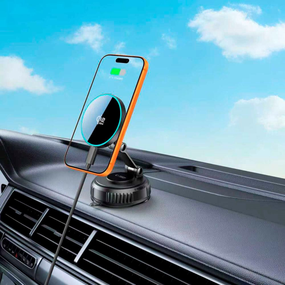 Tech-Protect Magnetisk Bilholder - Trådløs Opladning 25W - Instrumentbræt - MagSafe Kompatibel - Sort