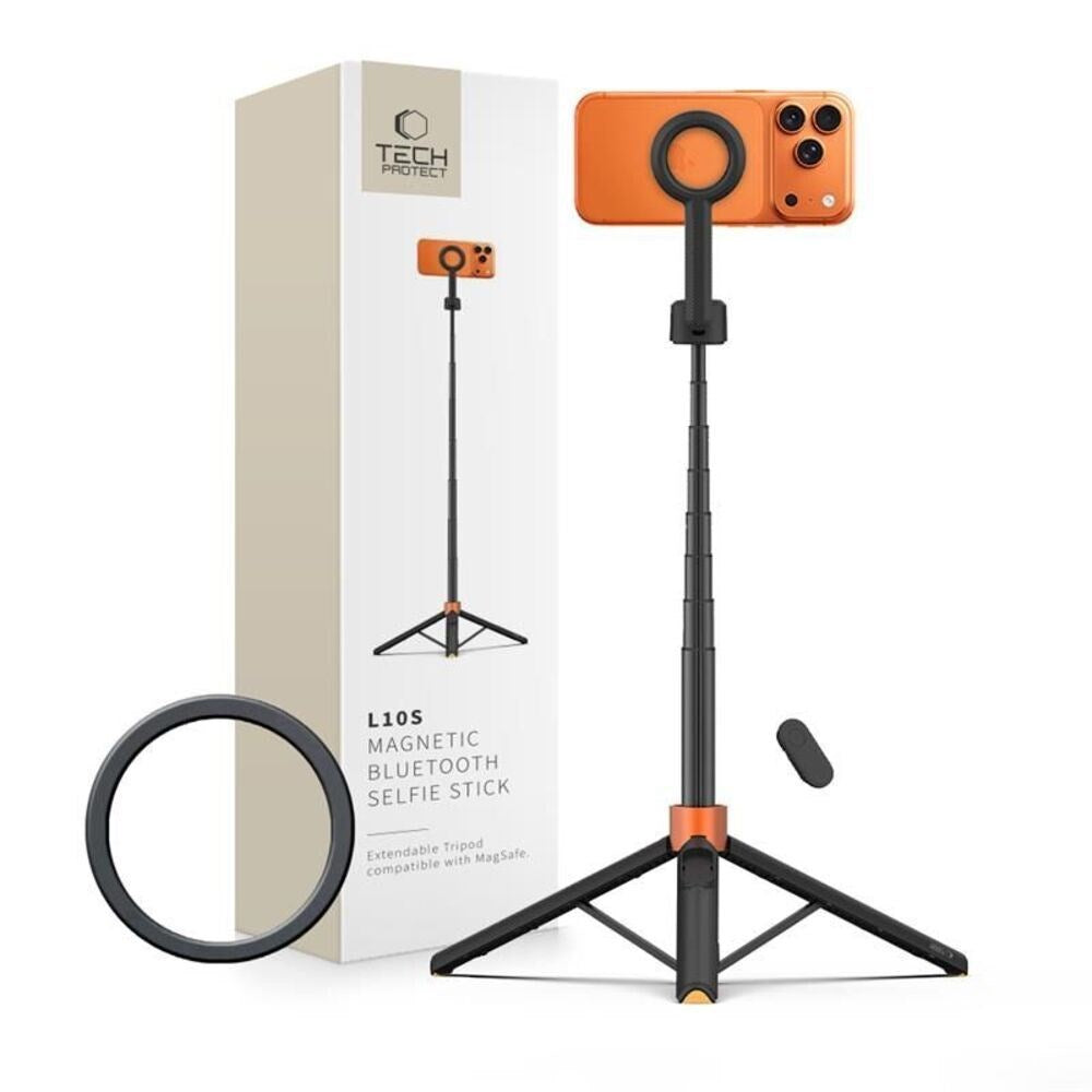 Tech-Protect L10S Bluetooth Tripod Selfie Stang - MagSafe Kompatibel - Sort / Orange