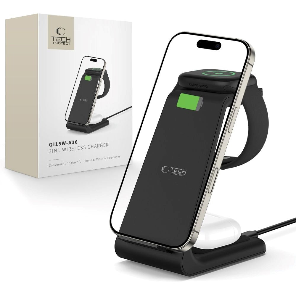 Tech-Protect A36 3-i-1 Trådløs Oplader m. USB-C 15W - Sort