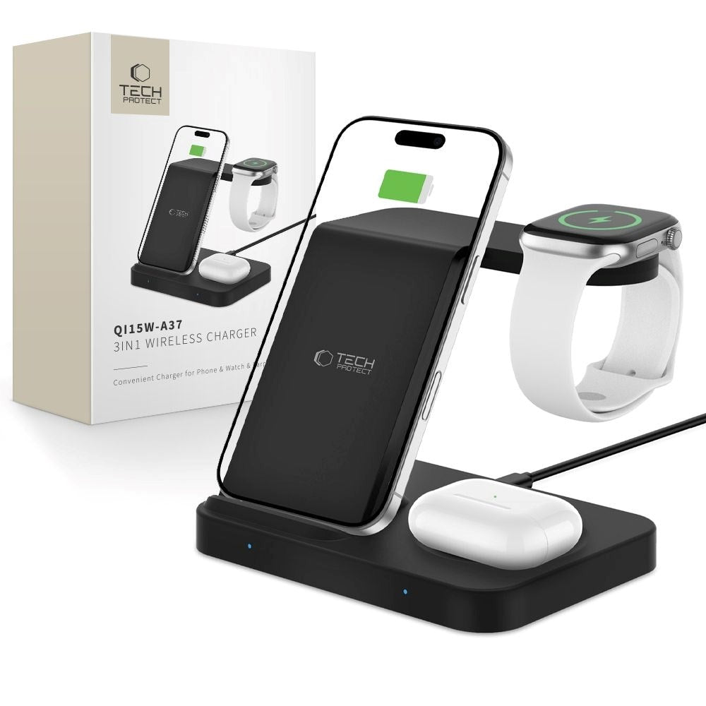 15W 3-in-1 Trådløs Oplader Tech-Protect - Apple og Android - Sort