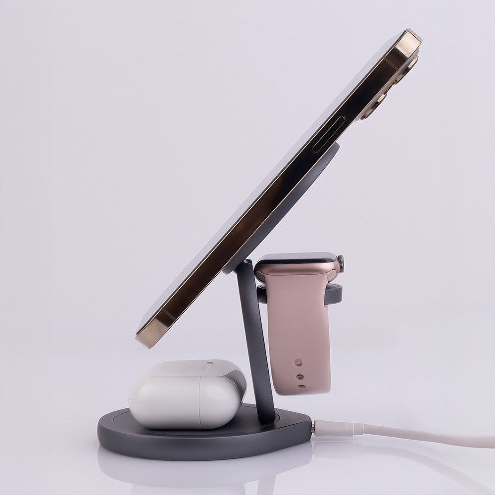 Forever 15W MAWC-200 3-in-1 Trådløs Multi Oplader m. USB-C - MagSafe Kompatibel - Grå