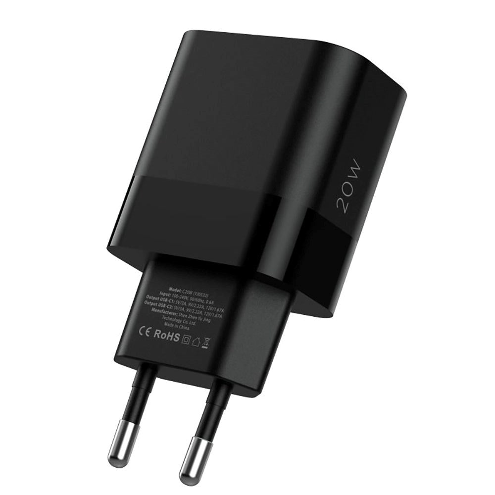 Tech-Protect 20W Vægoplader m. 2 x USB-C - Sort