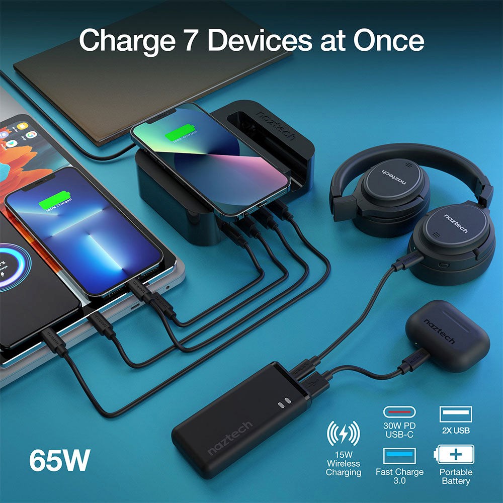 Naztech Docking Station 65W m. Trådløs Oplader, 3 x USB-A, 1 x USB-C, 1 x 4000mAh Powerbank & 20W Vægoplader - Sort