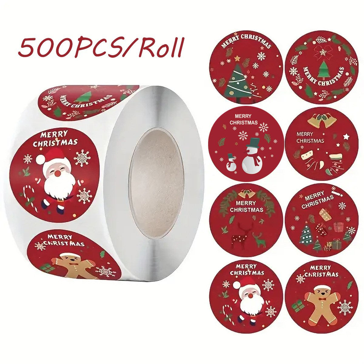 Klistermærkerulle med 500 stk. - 8 Unikke Designs - Jul / Rød