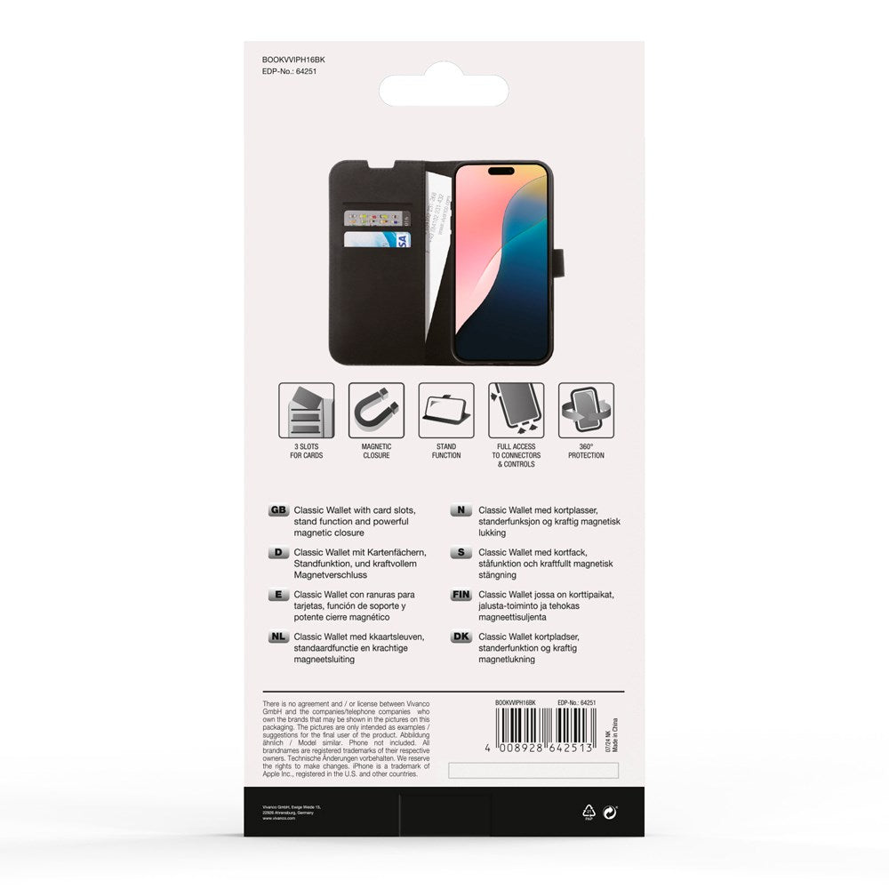 iPhone 16 Vivanco Classic Wallet Læder Flip Cover m. Pung - Sort
