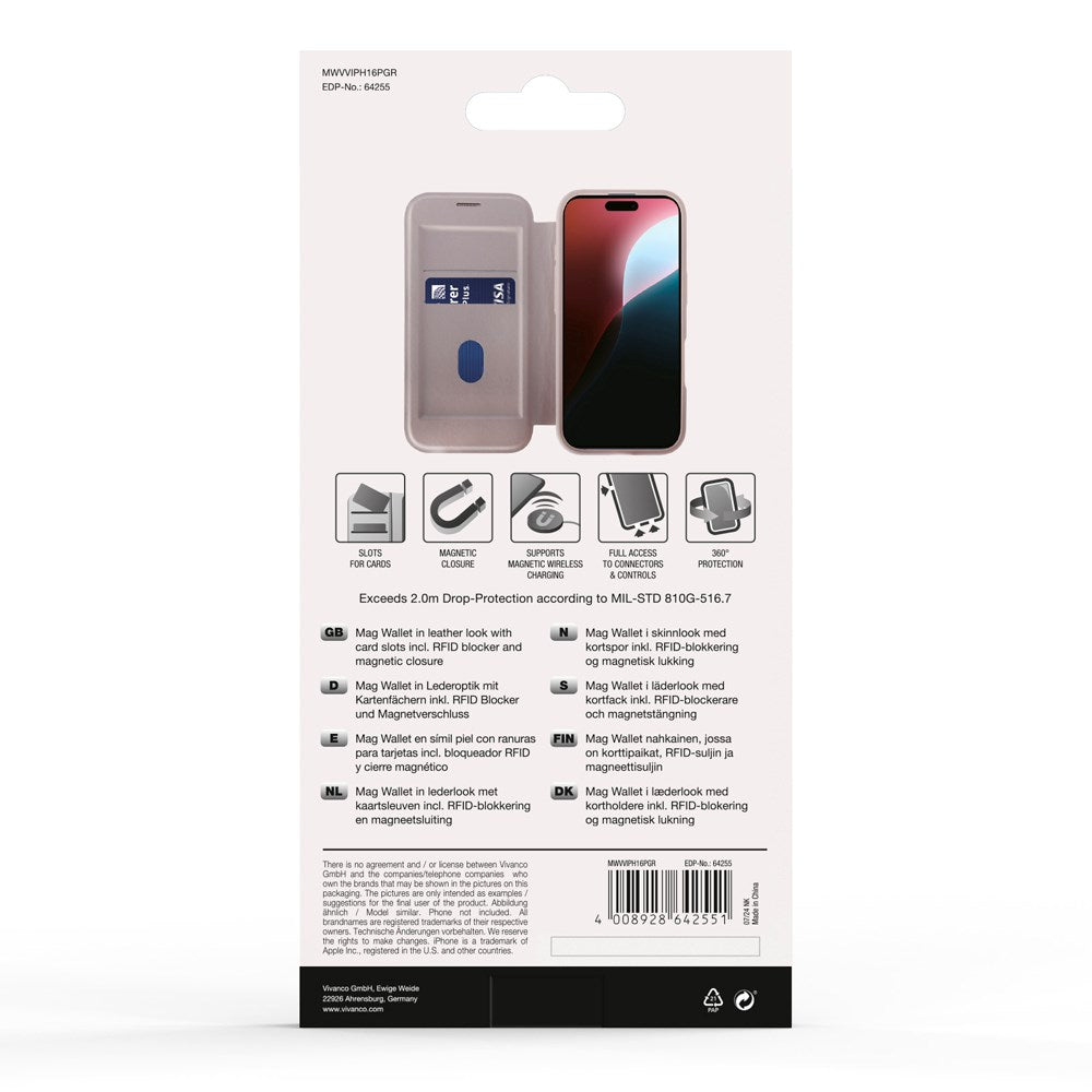 iPhone 16 Pro Vivanco Classic Wallet Læder Flip Cover m. Pung - MagSafe Kompatibel - Greige