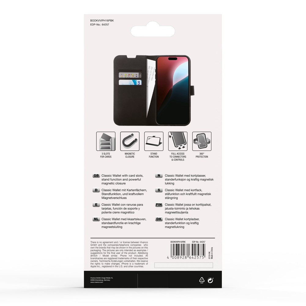 iPhone 16 Pro Vivanco Classic Wallet Læder Flip Cover m. Pung - Sort