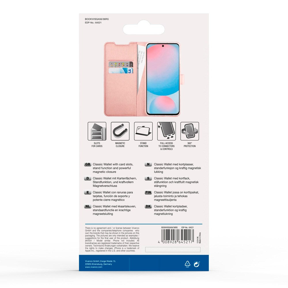 Vivanco Classic Wallet Flip Cover m. Pung - Samsung Galaxy A56 (5G) / A36 (5G) - Lyserød