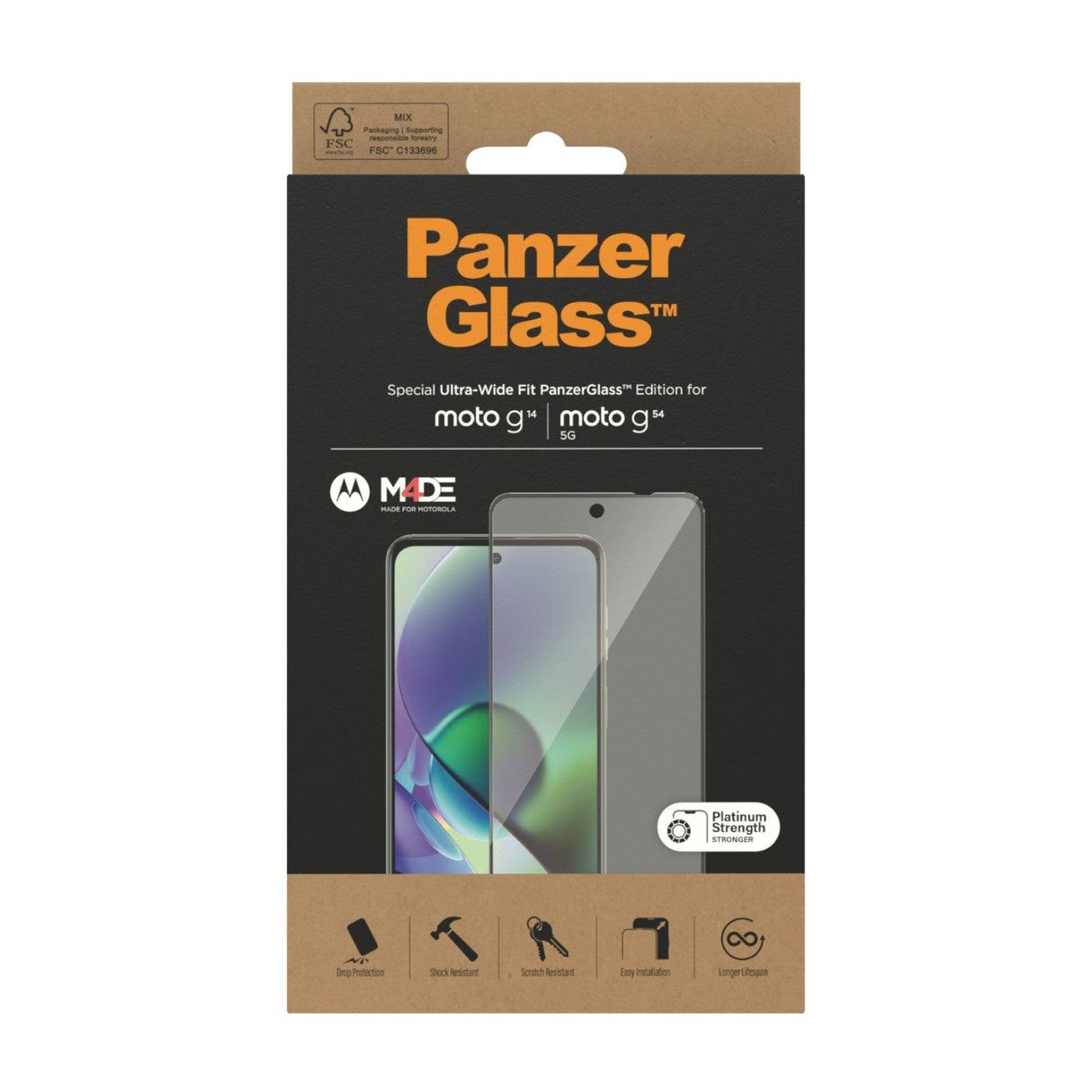 Motorola Moto G14 / G54 PanzerGlass Ultra Wide Fit Skærmbeskyttelsesglas - Platinum Strength - Sort Kant