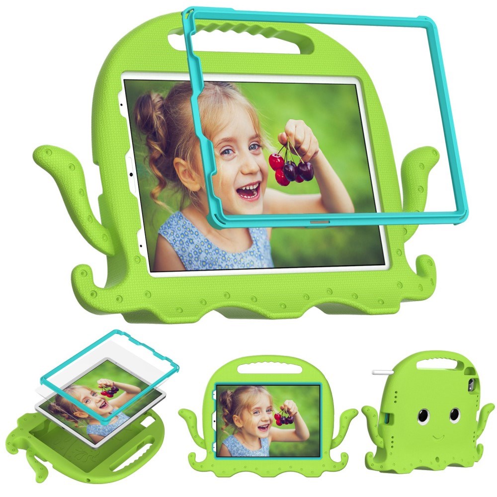 EIDERWOOD iPad Air 11" (2025 / 2024) / Pro 11" (2025 - 2018) Børne Bagside Cover m. Skulderstrop & Håndholder - Blæksprutte - Grøn