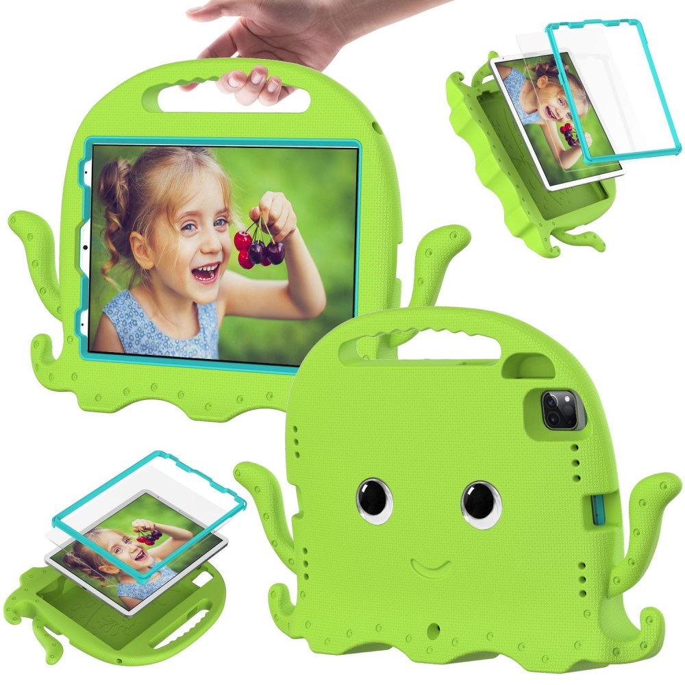 EIDERWOOD iPad Air 11" (2025 / 2024) / Pro 11" (2025 - 2018) Børne Bagside Cover m. Skulderstrop & Håndholder - Blæksprutte - Grøn