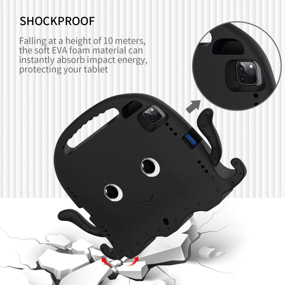 EIDERWOOD iPad Air 11" (2025 / 2024) / Pro 11" (2025 - 2018) Børne Bagside Cover m. Skulderstrop & Håndholder - Blæksprutte - Sort