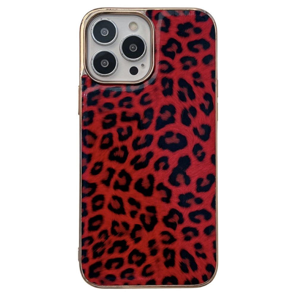 iPhone 14 Pro Fleksibelt Plast Bagside Cover - Leopard Mønster - Rød