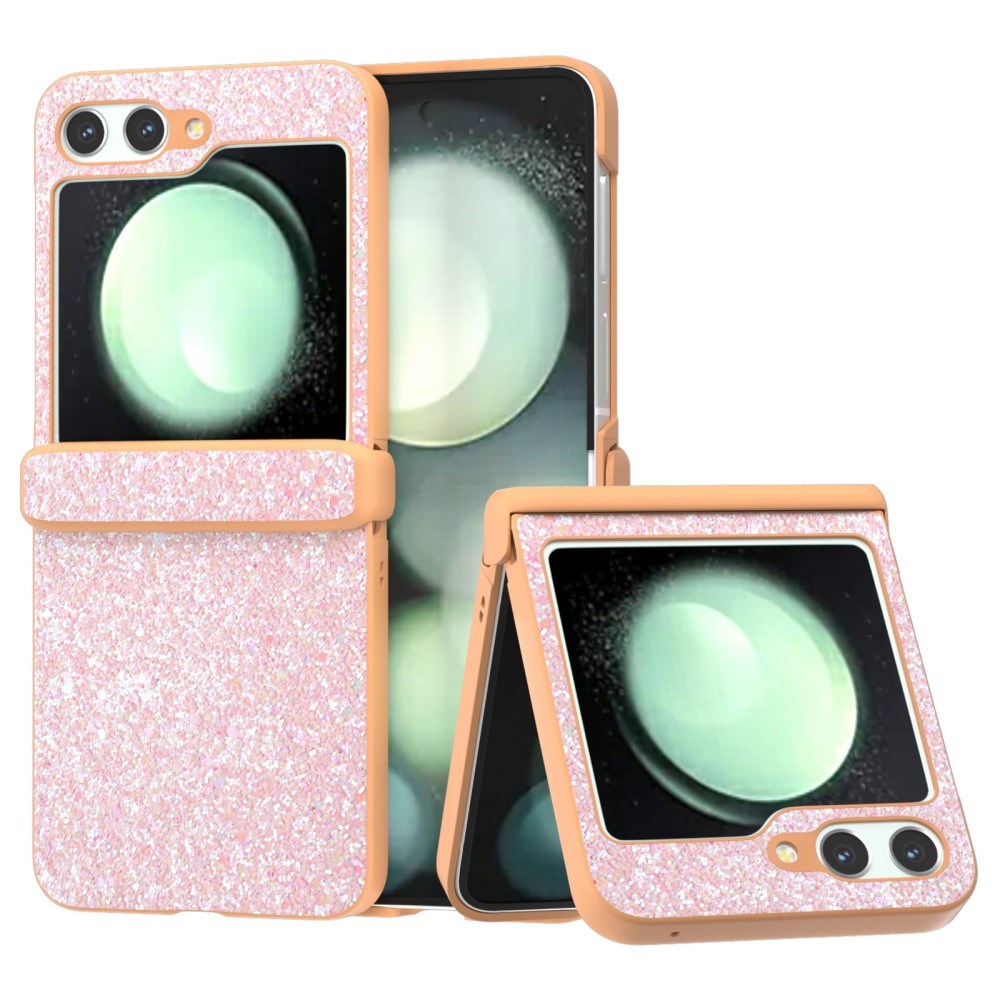 EIDERWOOD Samsung Galaxy Z Flip7 FE / Flip6 Læderbetrukket Glitrende Plastik Bagside Cover - Ferskenrosa