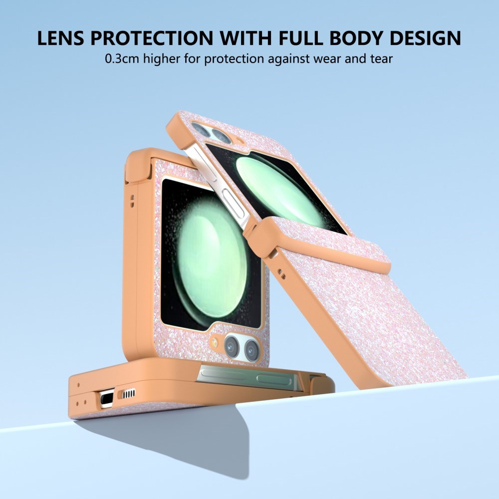 EIDERWOOD Samsung Galaxy Z Flip7 FE / Flip6 Læderbetrukket Glitrende Plastik Bagside Cover - Ferskenrosa