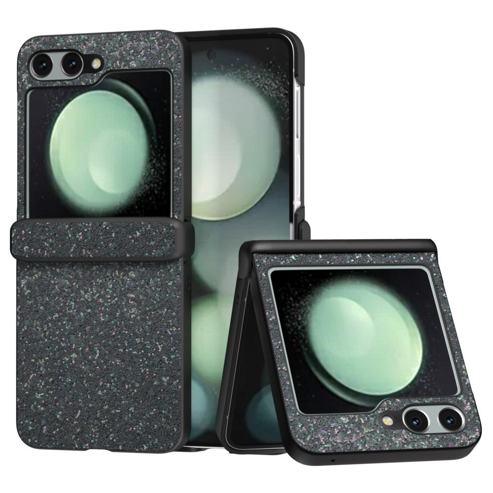 EIDERWOOD Samsung Galaxy Z Flip7 FE / Flip6 Læderbetrukket Glitrende Plastik Bagside Cover - Sort