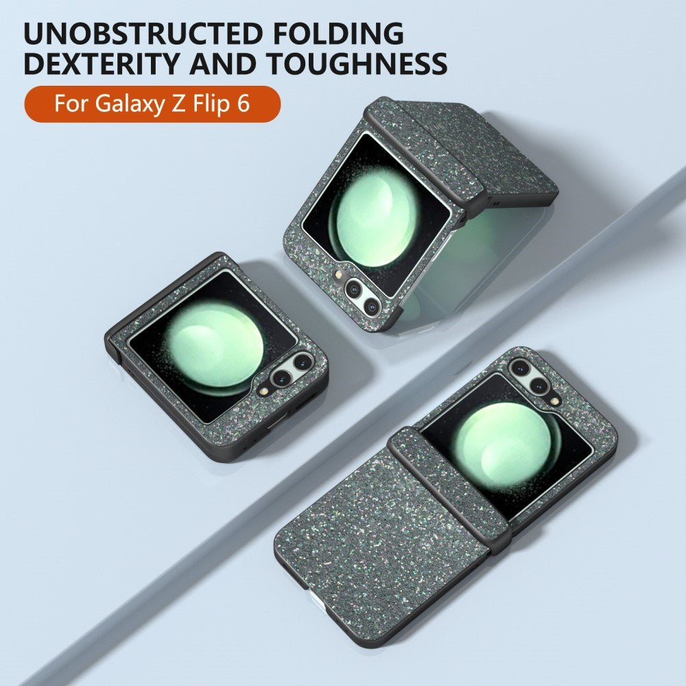 EIDERWOOD Samsung Galaxy Z Flip7 FE / Flip6 Læderbetrukket Glitrende Plastik Bagside Cover - Sort