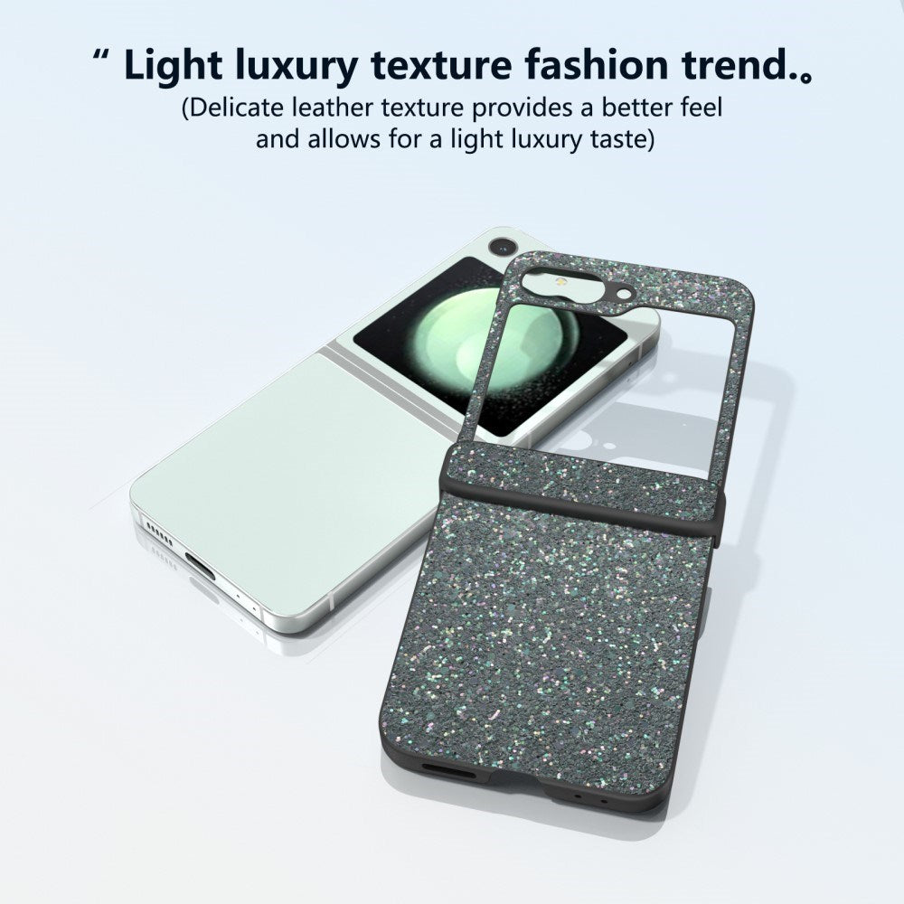 EIDERWOOD Samsung Galaxy Z Flip7 FE / Flip6 Læderbetrukket Glitrende Plastik Bagside Cover - Sort
